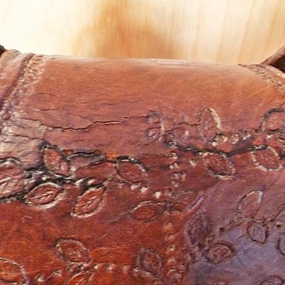 Hand Crafted Tooled Leather Shoulder Bag in Unique Hexagon Shape - Picture 10 of 15